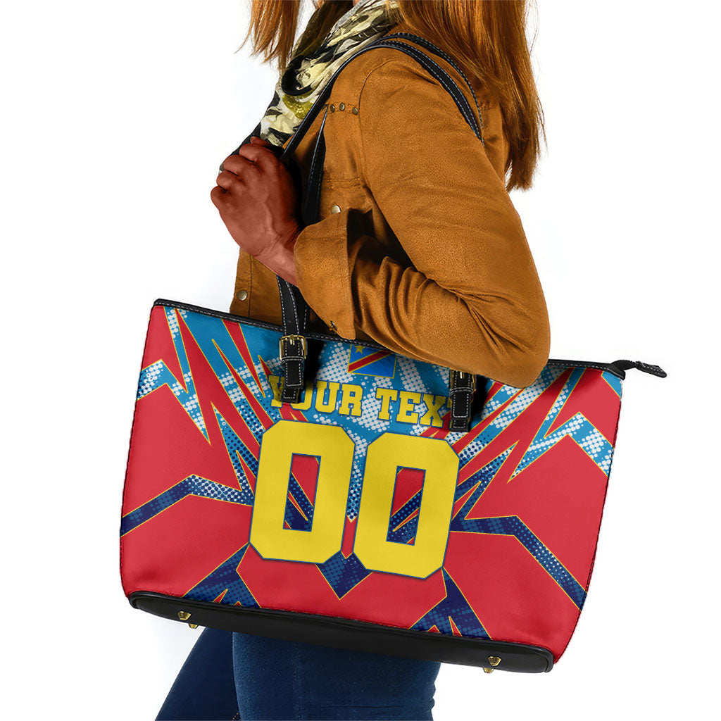 Personalized DR Congo Football Leopard Victory Leather Tote Bag Congolese Soccer Comic Style