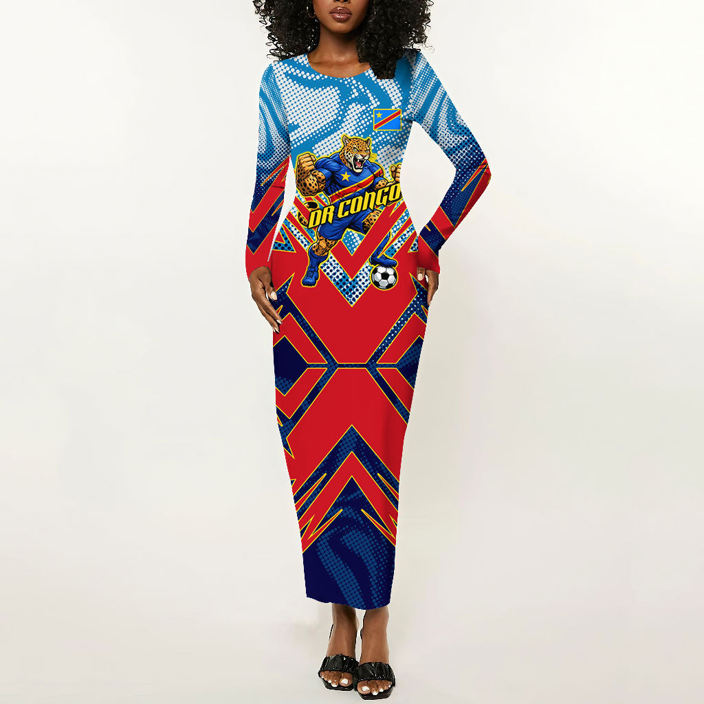 Personalized DR Congo Football Leopard Victory Long Sleeve Bodycon Dress Congolese Soccer Comic Style