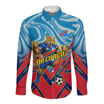 Personalized DR Congo Football Leopard Victory Long Sleeve Button Shirt Congolese Soccer Comic Style