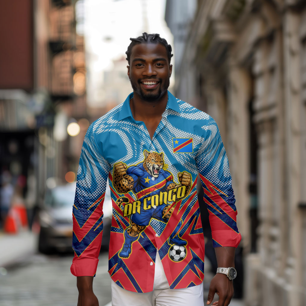 Personalized DR Congo Football Leopard Victory Long Sleeve Button Shirt Congolese Soccer Comic Style