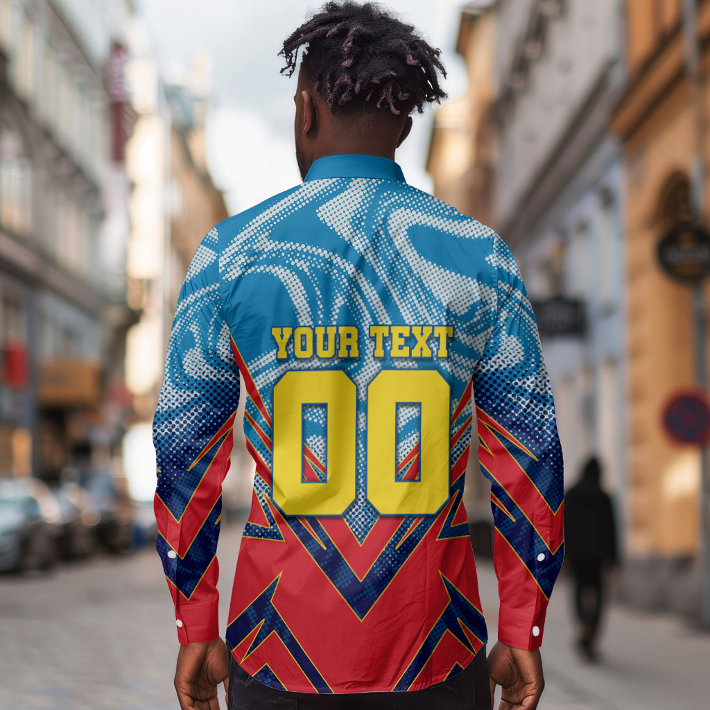 Personalized DR Congo Football Leopard Victory Long Sleeve Button Shirt Congolese Soccer Comic Style