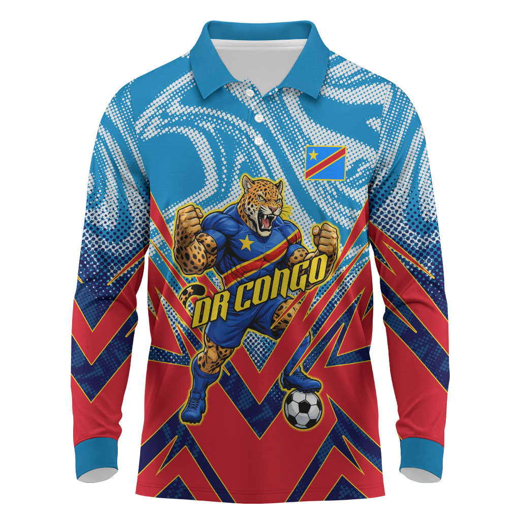 Personalized DR Congo Football Leopard Victory Long Sleeve Polo Shirt Congolese Soccer Comic Style