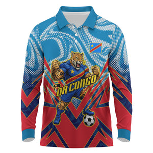 Personalized DR Congo Football Leopard Victory Long Sleeve Polo Shirt Congolese Soccer Comic Style