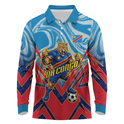 Personalized DR Congo Football Leopard Victory Long Sleeve Polo Shirt Congolese Soccer Comic Style