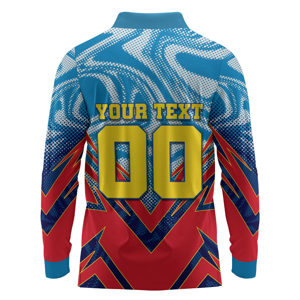 Personalized DR Congo Football Leopard Victory Long Sleeve Polo Shirt Congolese Soccer Comic Style