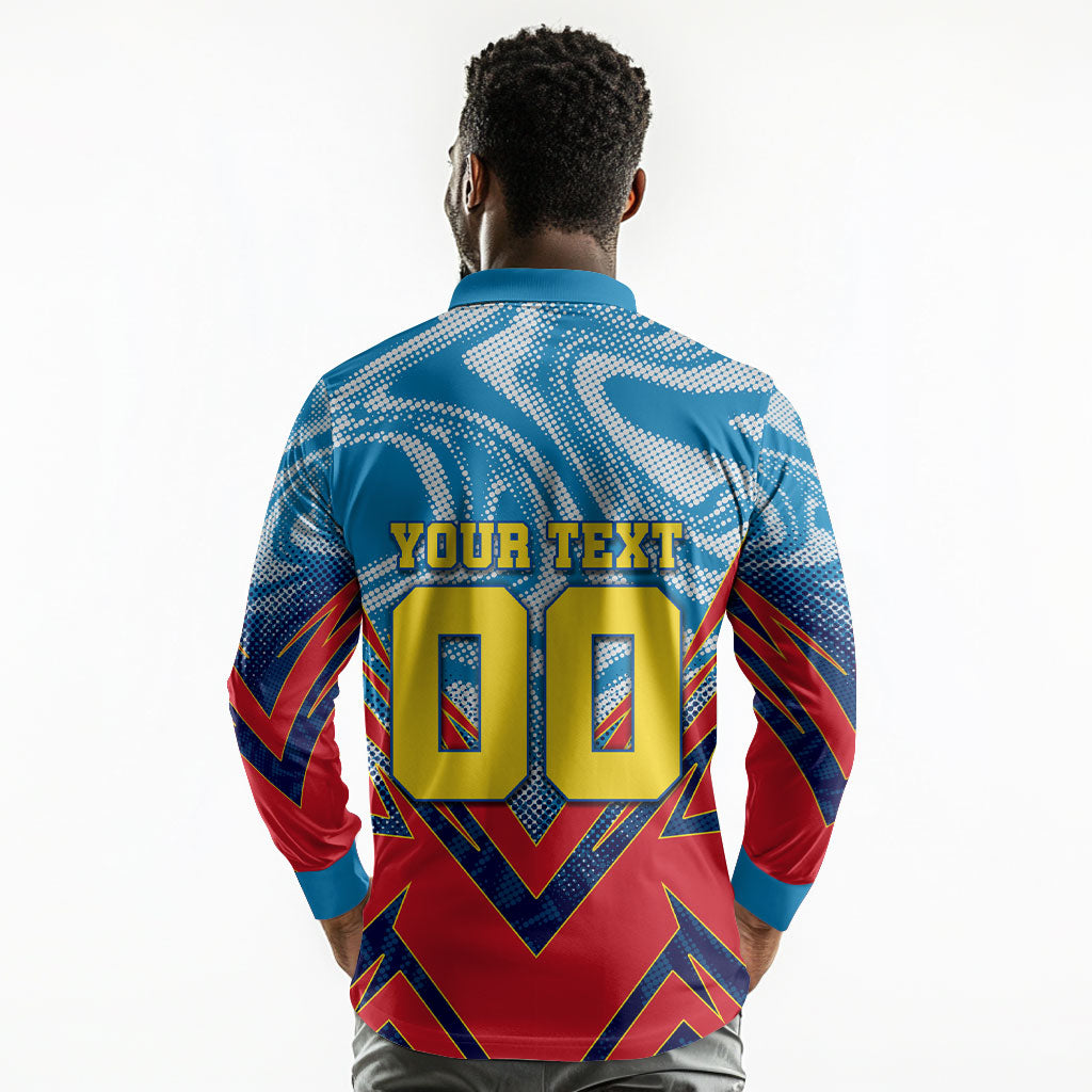 Personalized DR Congo Football Leopard Victory Long Sleeve Polo Shirt Congolese Soccer Comic Style