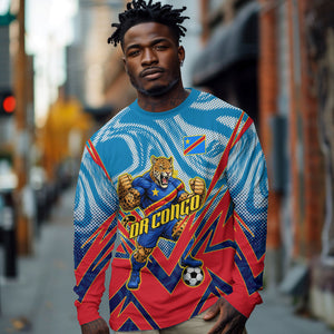 Personalized DR Congo Football Leopard Victory Long Sleeve Shirt Congolese Soccer Comic Style