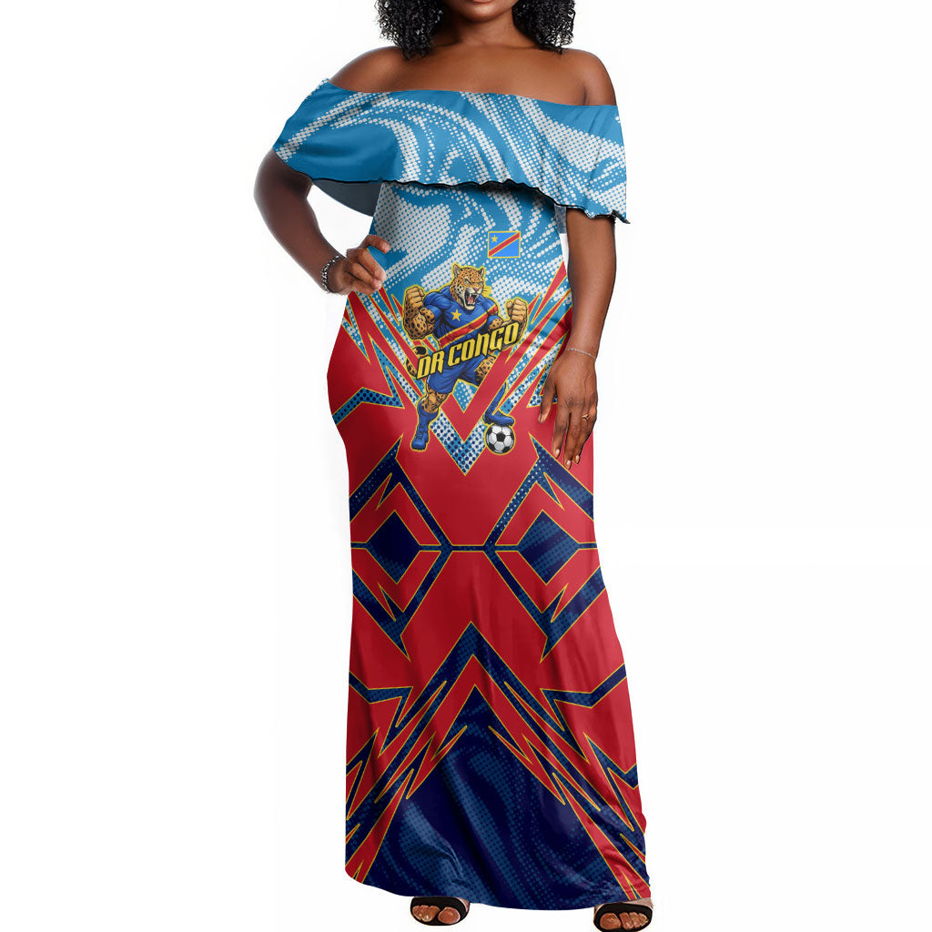 Personalized DR Congo Football Leopard Victory Off Shoulder Maxi Dress Congolese Soccer Comic Style