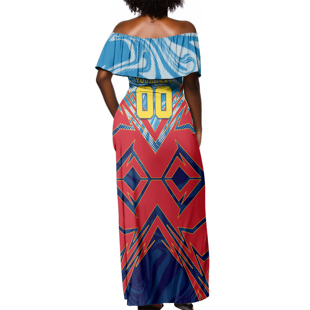 Personalized DR Congo Football Leopard Victory Off Shoulder Maxi Dress Congolese Soccer Comic Style