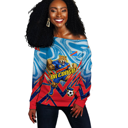 Personalized DR Congo Football Leopard Victory Off Shoulder Sweater Congolese Soccer Comic Style