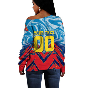 Personalized DR Congo Football Leopard Victory Off Shoulder Sweater Congolese Soccer Comic Style