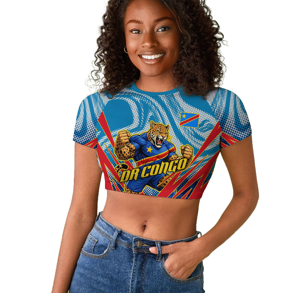 Personalized DR Congo Football Leopard Victory Raglan Cropped T shirt Congolese Soccer Comic Style