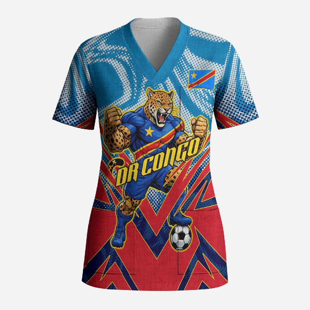 Personalized DR Congo Football Leopard Victory Scrub Top Congolese Soccer Comic Style