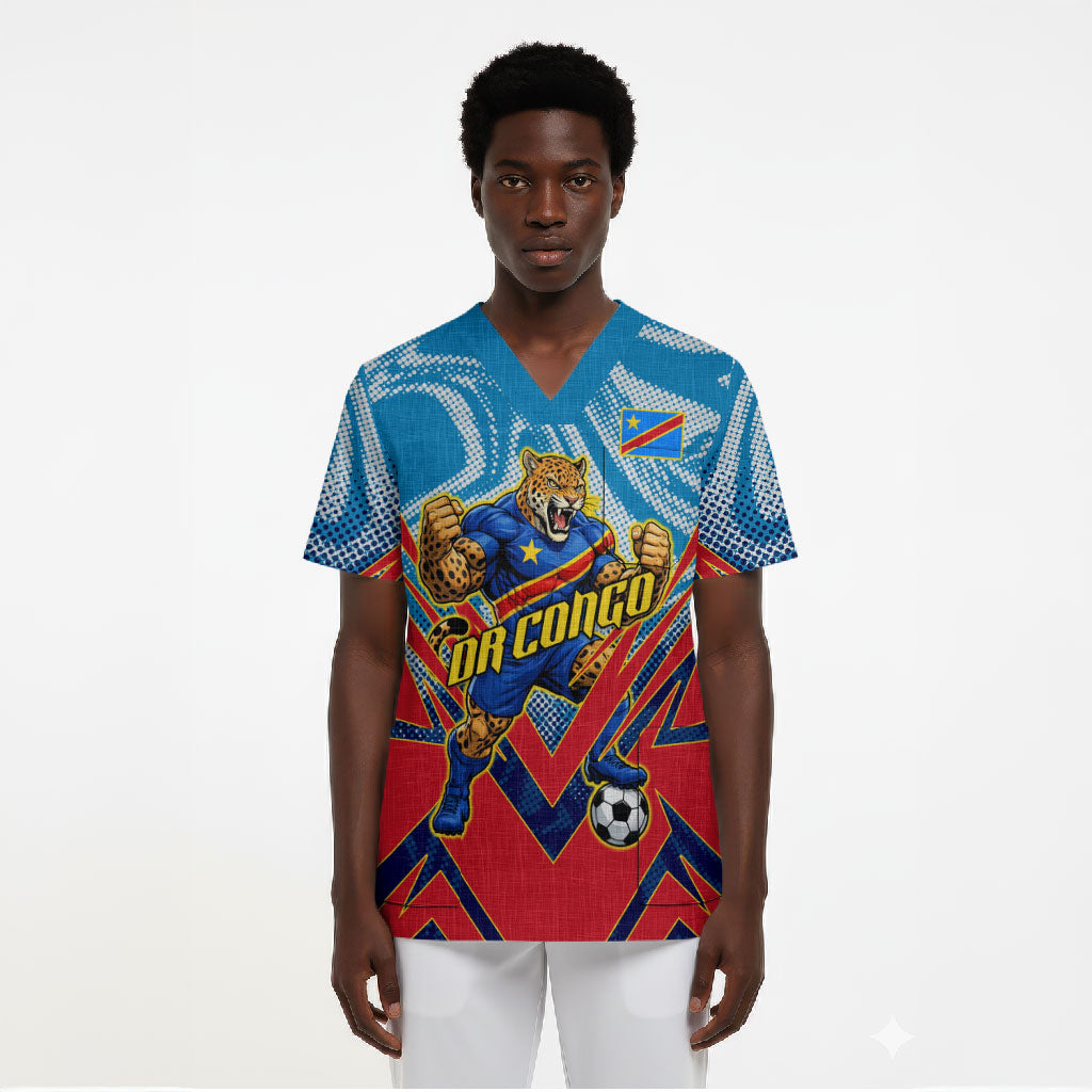Personalized DR Congo Football Leopard Victory Scrub Top Congolese Soccer Comic Style