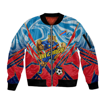 Personalized DR Congo Football Leopard Victory Sleeve Zip Bomber Jacket Congolese Soccer Comic Style