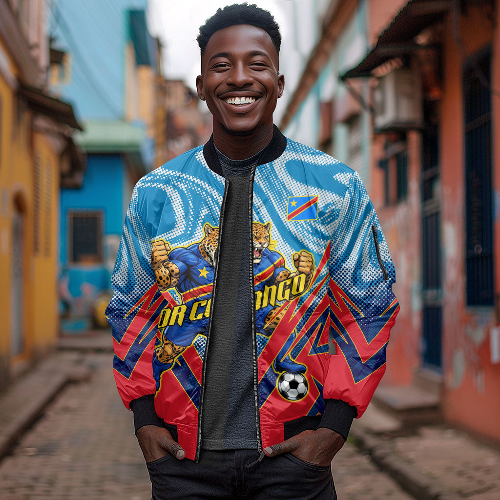 Personalized DR Congo Football Leopard Victory Sleeve Zip Bomber Jacket Congolese Soccer Comic Style