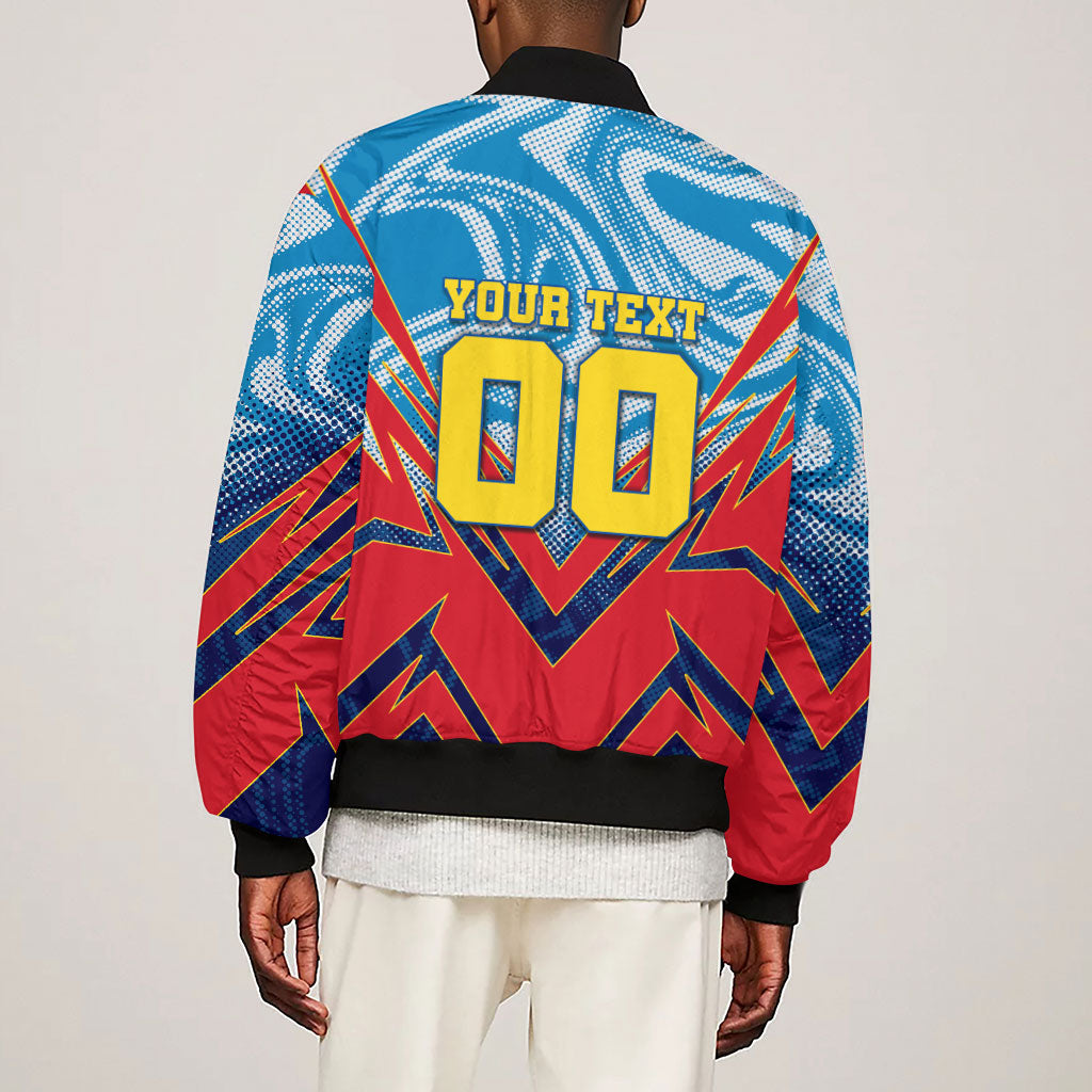 Personalized DR Congo Football Leopard Victory Sleeve Zip Bomber Jacket Congolese Soccer Comic Style