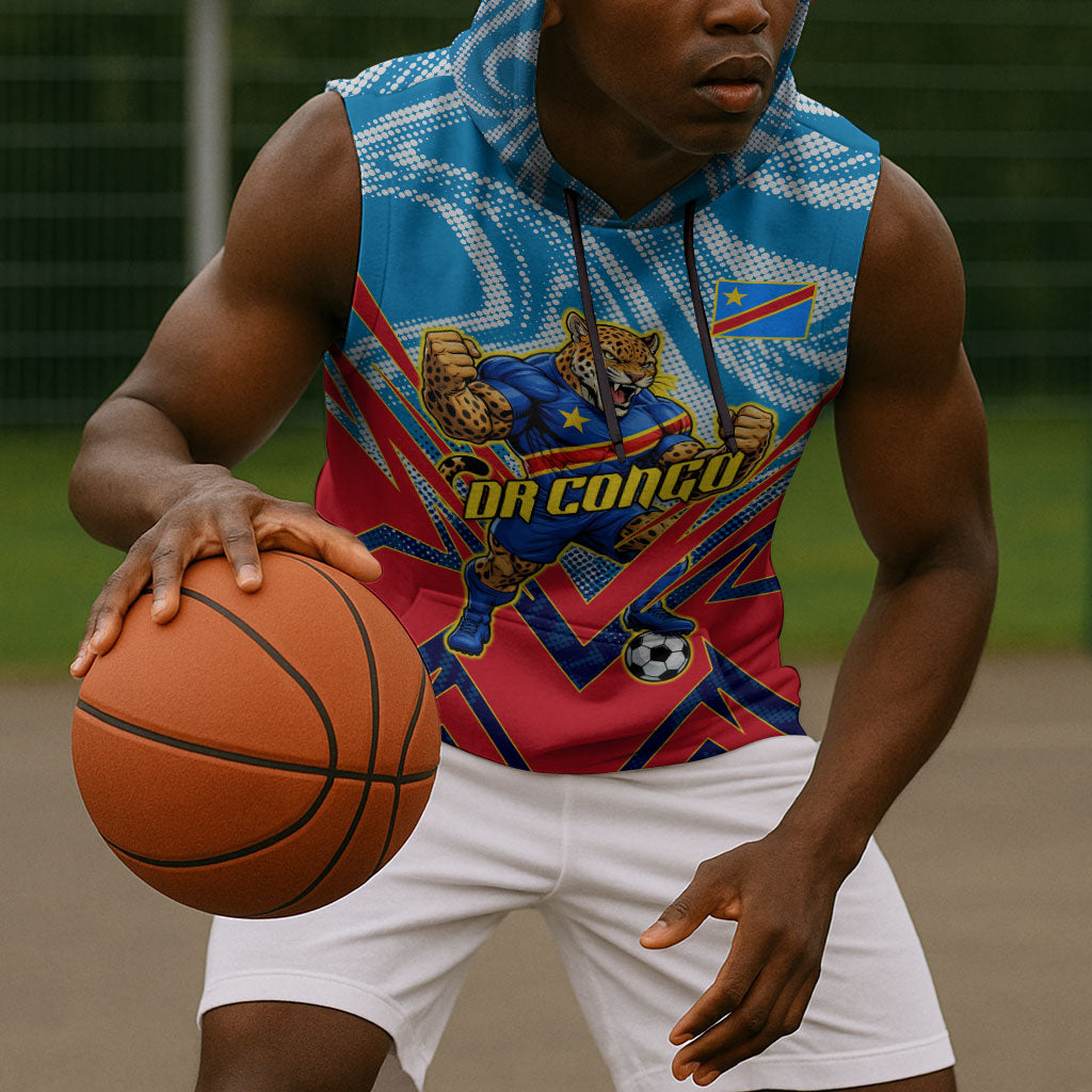 Personalized DR Congo Football Leopard Victory Sleeveless Hoodie Congolese Soccer Comic Style