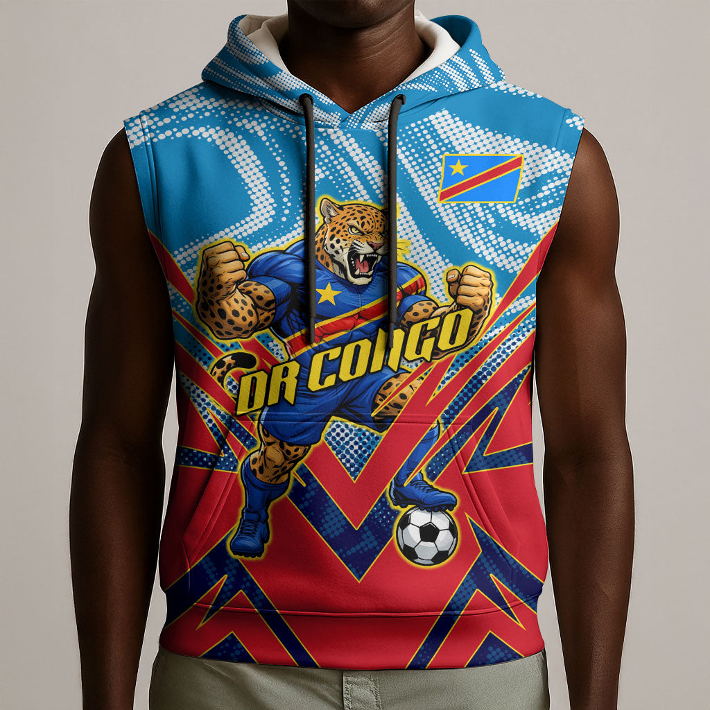 Personalized DR Congo Football Leopard Victory Sleeveless Hoodie Congolese Soccer Comic Style