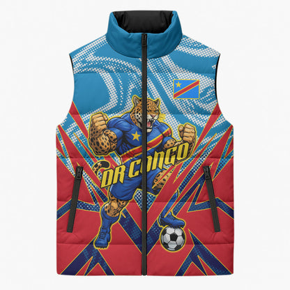 Personalized DR Congo Football Leopard Victory Sleeveless Puffer Jacket Congolese Soccer Comic Style