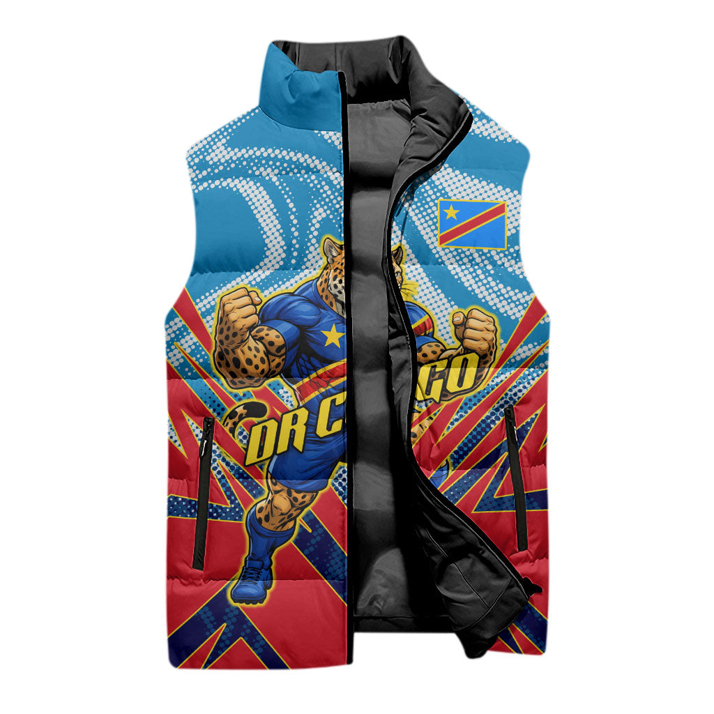 Personalized DR Congo Football Leopard Victory Sleeveless Puffer Jacket Congolese Soccer Comic Style