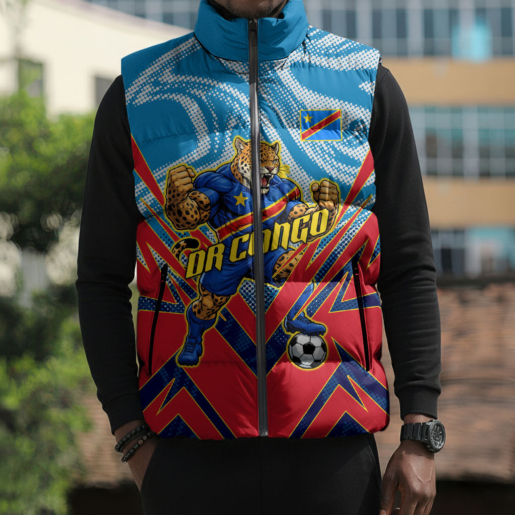 Personalized DR Congo Football Leopard Victory Sleeveless Puffer Jacket Congolese Soccer Comic Style