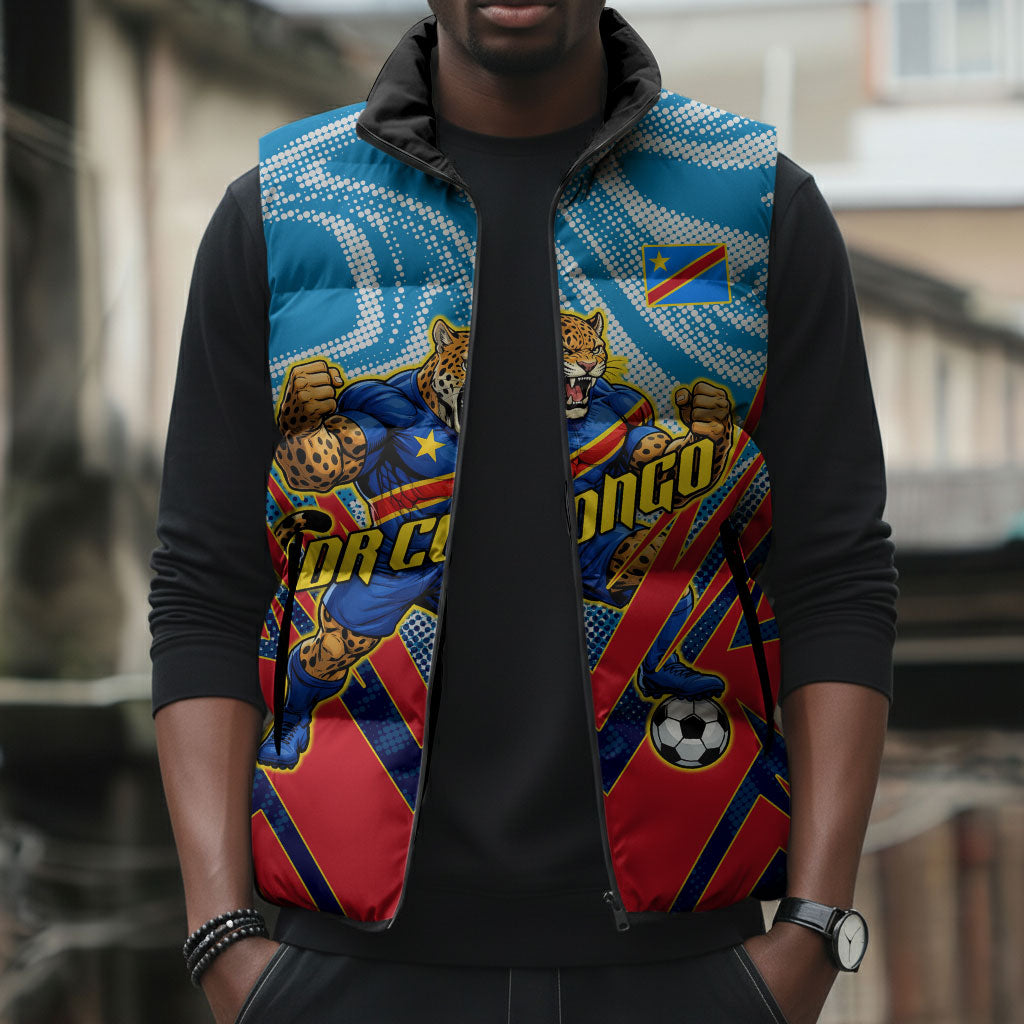 Personalized DR Congo Football Leopard Victory Sleeveless Puffer Jacket Congolese Soccer Comic Style