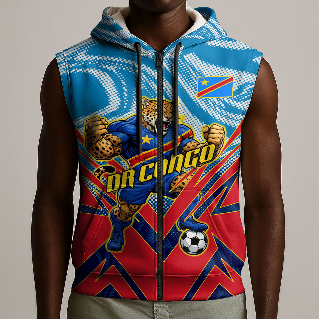 Personalized DR Congo Football Leopard Victory Sleeveless Zip Hoodie Congolese Soccer Comic Style