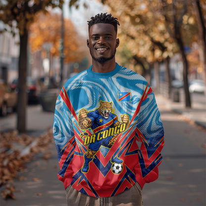 Personalized DR Congo Football Leopard Victory Sweatshirt Congolese Soccer Comic Style