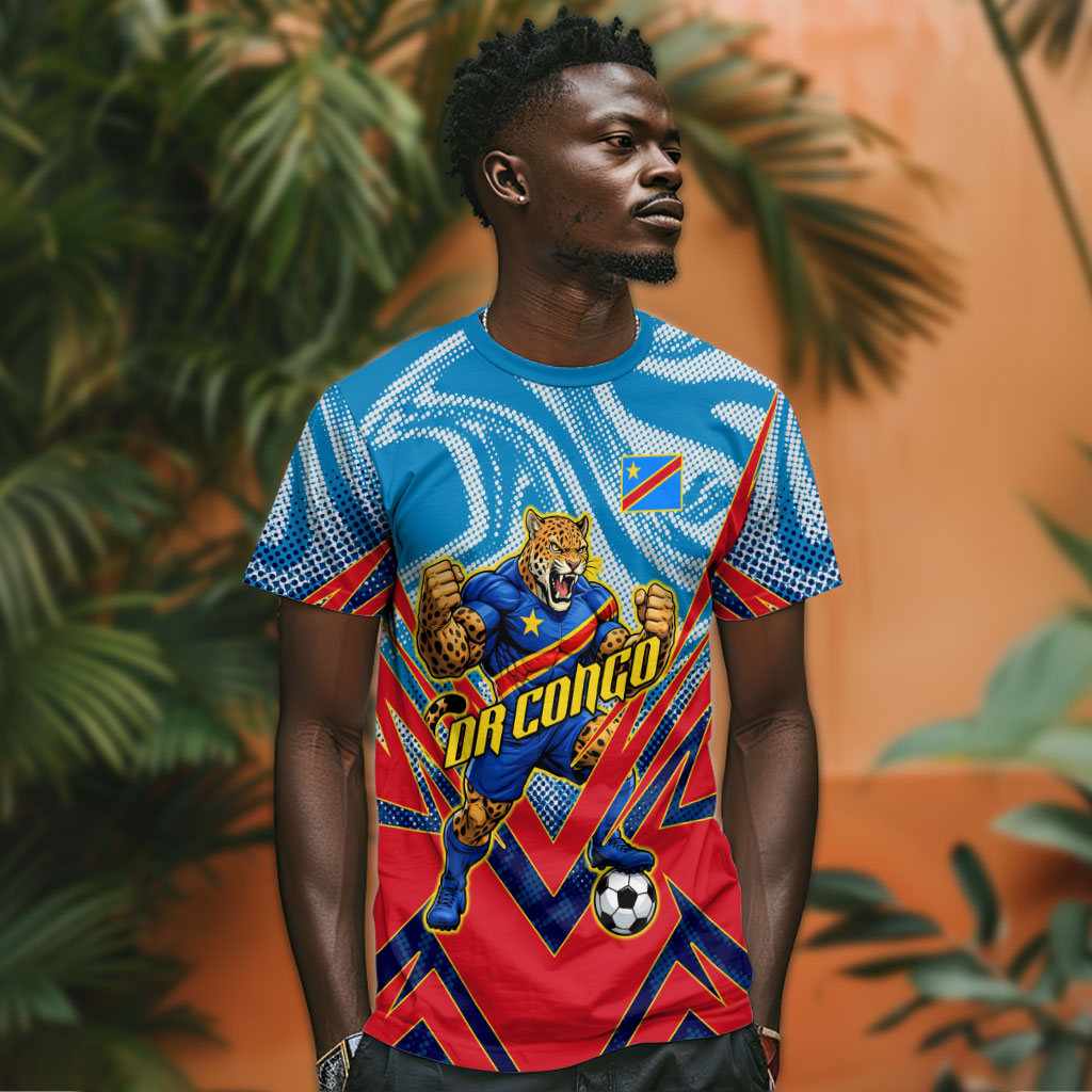 Personalized DR Congo Football Leopard Victory T shirt Congolese Soccer Comic Style