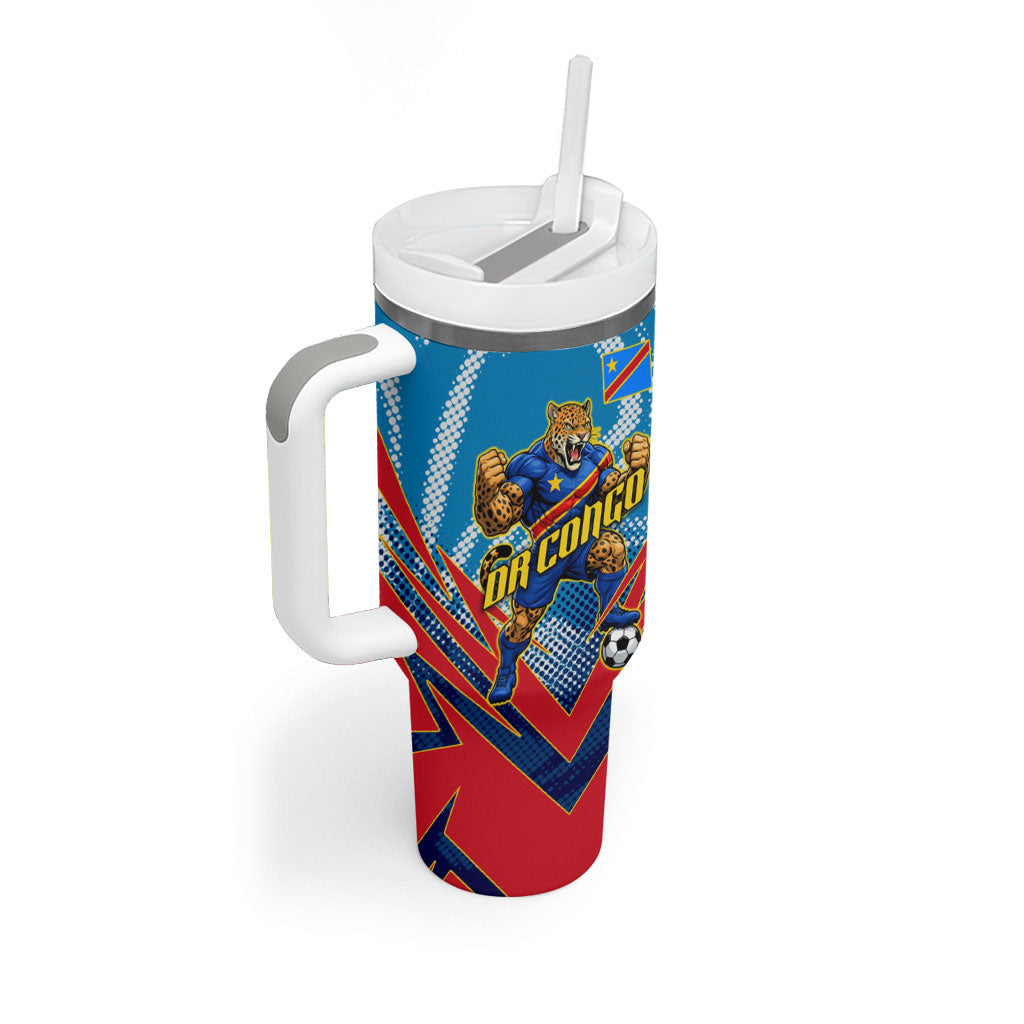 Personalized DR Congo Football Leopard Victory Tumbler With Handle Congolese Soccer Comic Style