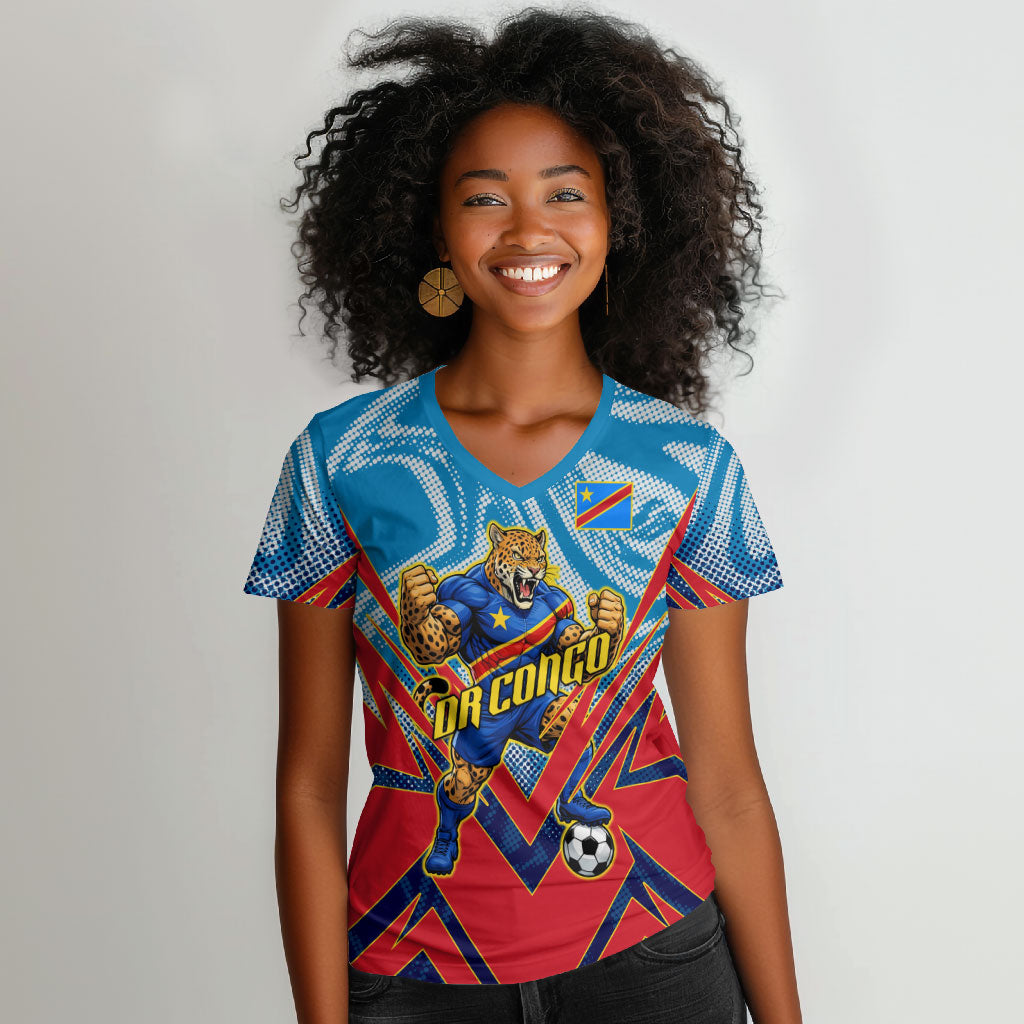 Personalized DR Congo Football Leopard Victory Women V-Neck T-Shirt Congolese Soccer Comic Style