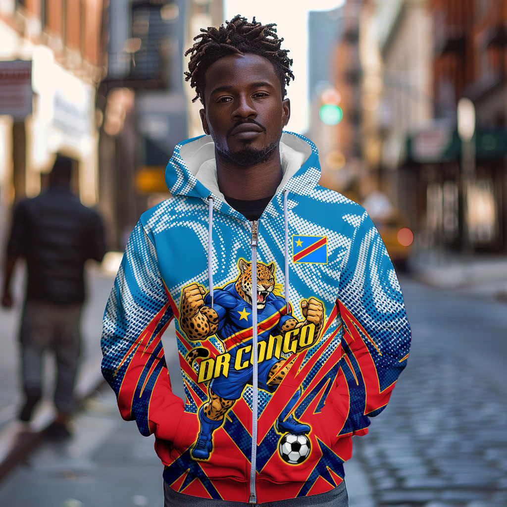 Personalized DR Congo Football Leopard Victory Zip Hoodie Congolese Soccer Comic Style