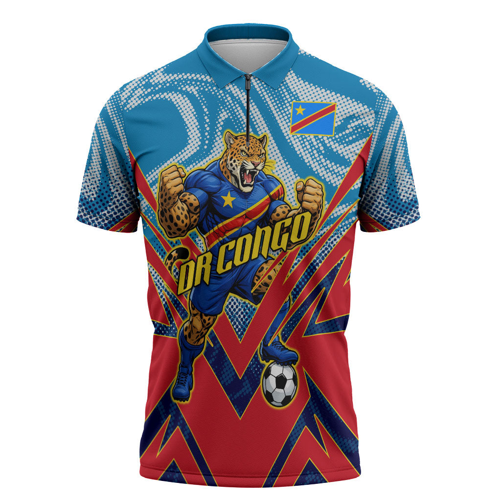 Personalized DR Congo Football Leopard Victory Zipper Polo Shirt Congolese Soccer Comic Style