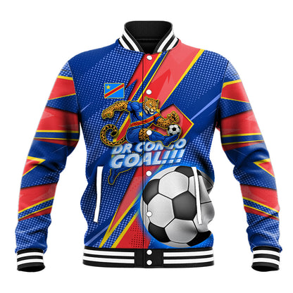 Personalized DR Congo Football Leopard GOAL Baseball Jacket Congolese Football Champion - Dynamic Halftone Soccer Style