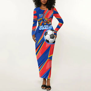 Personalized DR Congo Football Leopard GOAL Long Sleeve Bodycon Dress Congolese Football Champion - Dynamic Halftone Soccer Style