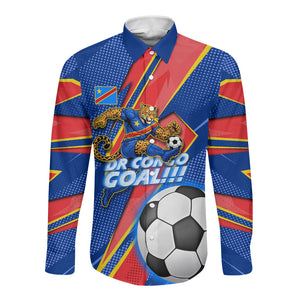Personalized DR Congo Football Leopard GOAL Long Sleeve Button Shirt Congolese Football Champion - Dynamic Halftone Soccer Style