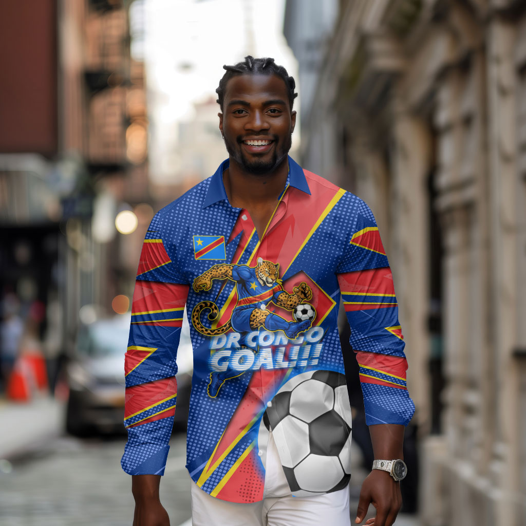 Personalized DR Congo Football Leopard GOAL Long Sleeve Button Shirt Congolese Football Champion - Dynamic Halftone Soccer Style