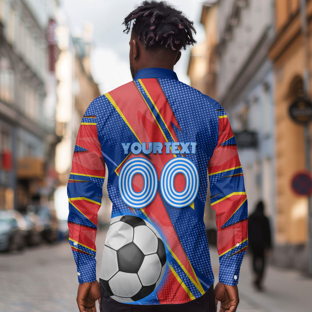 Personalized DR Congo Football Leopard GOAL Long Sleeve Button Shirt Congolese Football Champion - Dynamic Halftone Soccer Style