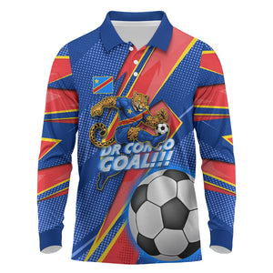 Personalized DR Congo Football Leopard GOAL Long Sleeve Polo Shirt Congolese Football Champion - Dynamic Halftone Soccer Style
