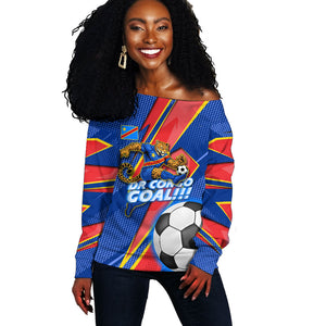 Personalized DR Congo Football Leopard GOAL Off Shoulder Sweater Congolese Football Champion - Dynamic Halftone Soccer Style