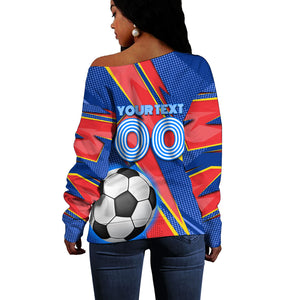 Personalized DR Congo Football Leopard GOAL Off Shoulder Sweater Congolese Football Champion - Dynamic Halftone Soccer Style