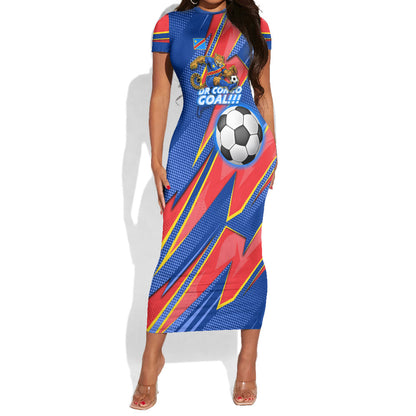 Personalized DR Congo Football Leopard GOAL Short Sleeve Bodycon Dress Congolese Football Champion - Dynamic Halftone Soccer Style