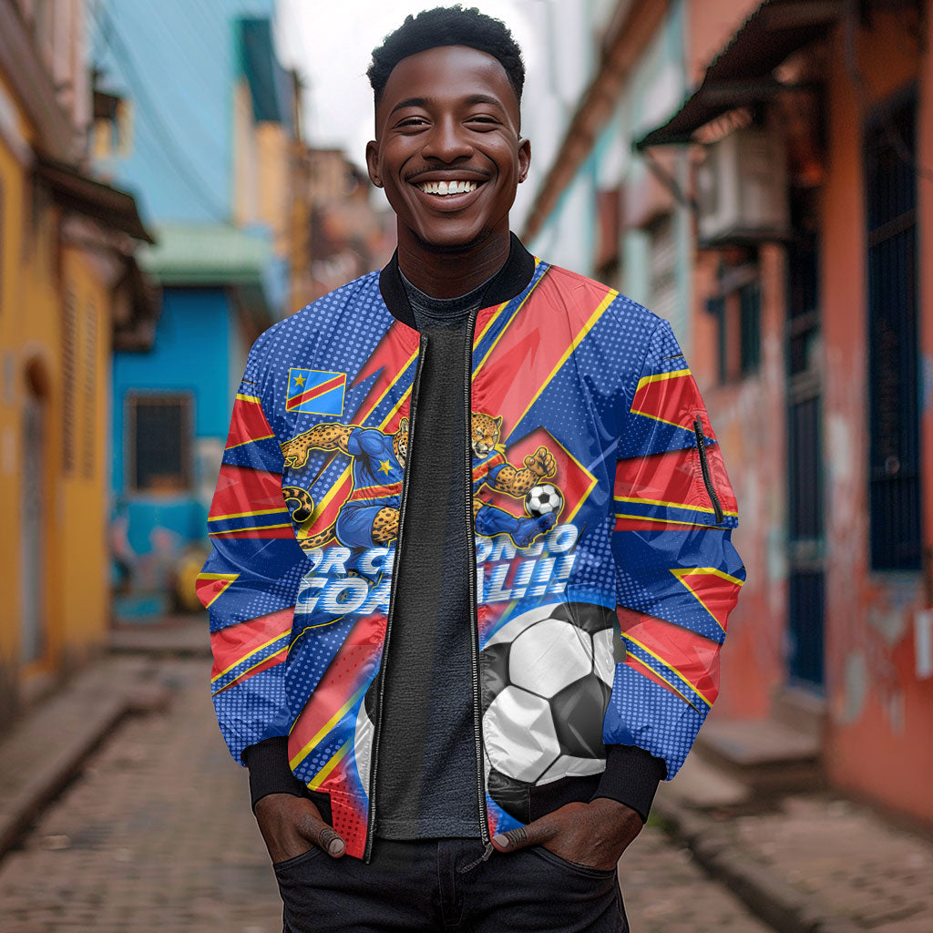 Personalized DR Congo Football Leopard GOAL Sleeve Zip Bomber Jacket Congolese Football Champion - Dynamic Halftone Soccer Style