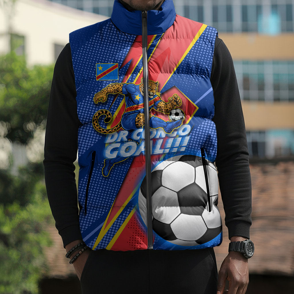 Personalized DR Congo Football Leopard GOAL Sleeveless Puffer Jacket Congolese Football Champion - Dynamic Halftone Soccer Style