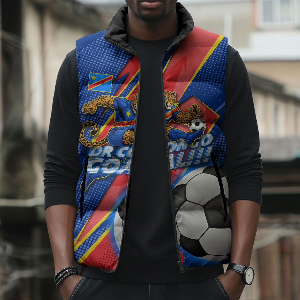 Personalized DR Congo Football Leopard GOAL Sleeveless Puffer Jacket Congolese Football Champion - Dynamic Halftone Soccer Style