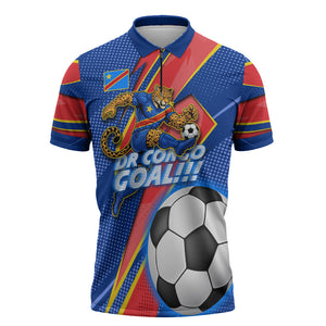 Personalized DR Congo Football Leopard GOAL Zipper Polo Shirt Congolese Football Champion - Dynamic Halftone Soccer Style