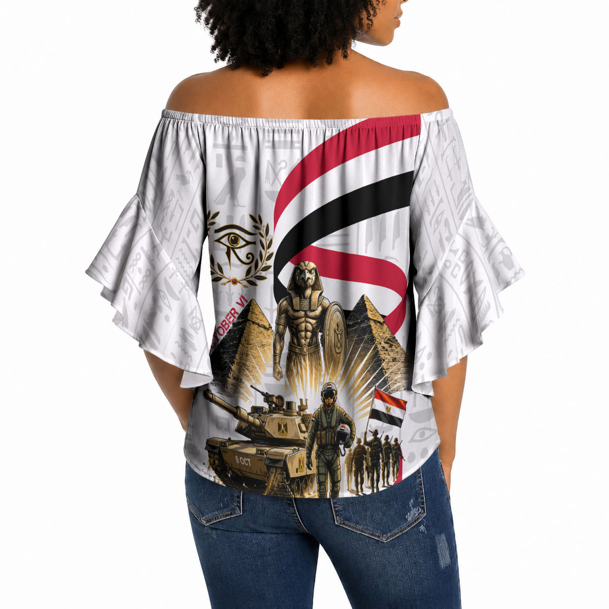 Egyptian Armed Forces Off Shoulder Wrap Waist Top Military Pharaoh Pyramids Egyptian Hieroglyphs