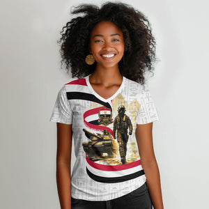 Egyptian Armed Forces Women V-Neck T-Shirt Military Pharaoh Pyramids Egyptian Hieroglyphs