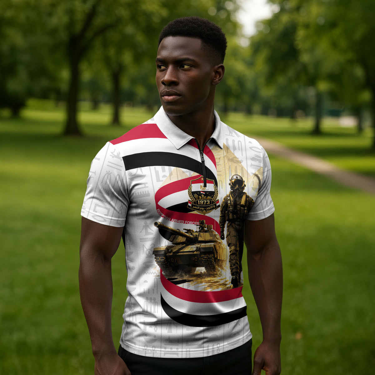 Egyptian Armed Forces Zipper Polo Shirt Military Pharaoh Pyramids Egyptian Hieroglyphs